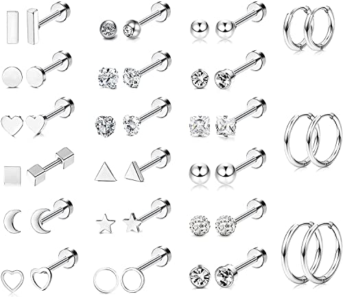 Morfetto 21Paar winzige Knorpel Ohrringe Ohrstecker Edelstahl Schraube flach zurück Ohrringe Ohrringe für Knorpel Tragus Daith Helix Ohr Piercing Set Silber von Morfetto