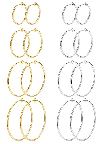 Morfetto 8 Paar Clip-On-Creolen Edelstahl-Ohrringe für Frauen - Gefälschte Frühlings-Creolen für Nicht Durchbohrte Ohren - Silber Gold von Morfetto