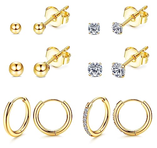 Morfetto G23 Titan Ohrringe Set für mehrere Piercing Hypoallergene Kleine Creolen 2mm 3mm CZ Kugelohrstecker und Creolen Set für Damen Gold von Morfetto