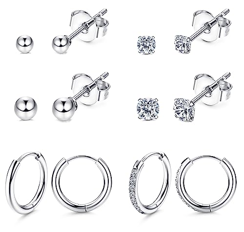 Morfetto G23 Titan Ohrringe Set für mehrere Piercing Hypoallergene Kleine Creolen 2mm 3mm CZ Kugelohrstecker und Creolen Set für Damen Silber von Morfetto