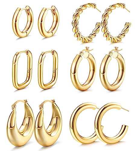 Morfetto Gold Klobige Creolen Set für Frauen, 14 Karat Vergoldet Dicke leichte hypoallergene Creolen Packung Verdrehte Huggie Offene Creolen Set Schmuck für Damen Geschenke (Gold2-6 Paare) von Morfetto