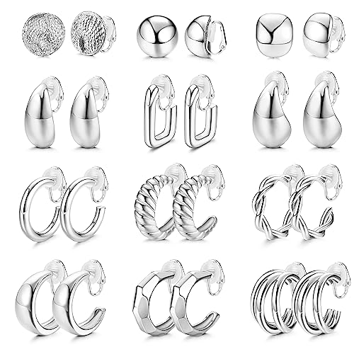 Morfetto Clip-on-Creolen Damen Gold 12 Paar Twist Runde klobige Creolen-Clip-Ohrringe Kein Piercing Gefälschte Ohrringe Silber von Morfetto