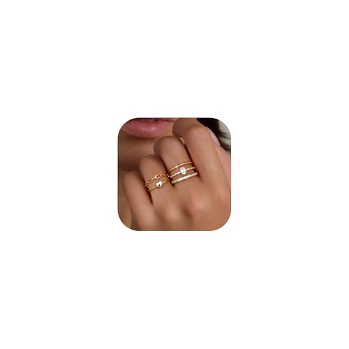 Morfetto 5Stk Ringe Gold für Damen 14K Vergoldet Verlobungsring Damen Daumenring Fingerring Knuckle Set Mit Zirkonia Wasserfest Goldring Statement Chunky Stapelringe Goldene Ringe Schmuck von Morfetto