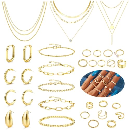 Morfetto Goldschmucksets für Frauen Trendige klobige goldene Creolen Goldene Accessoires Goldenes Halsketten- und Armbandset Goldenes Schmuckpaket von Morfetto