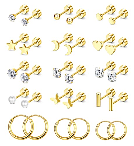 Morfetto Winzige Ohrstecker Set für Frauen Männer Edelstahl Ohrstecker Sets Creolen Gold Klein CZ Herz Mond Sterne Flatback Ohrringe Set Gold Knorpel Creolen Gold von Morfetto