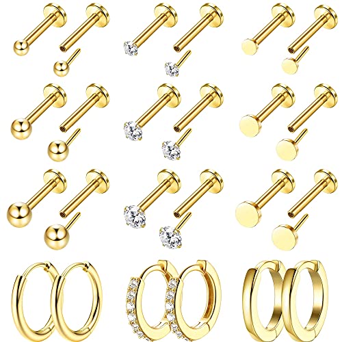 Morfetto 12 Paar winzige Ohrstecker 18 Karat vergoldeter Edelstahlohrring Sets für mehrere Piercings Kleine fadenlose flache Rückenohrringe Knorpel-Creolen Gold A von Morfetto