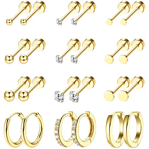 Morfetto 12 Paar winzige Ohrstecker 18 Karat vergoldeter Edelstahlohrring Sets für mehrere Piercings Kleine fadenlose flache Rückenohrringe Knorpel-Creolen Gold B von Morfetto