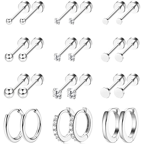 Morfetto 12 Paar winzige Ohrstecker 18 Karat vergoldete Edelstahlohrringsets für mehrere Piercings Kleine fadenlose flache Rückenohrringe Knorpelohrringe Silber B von Morfetto