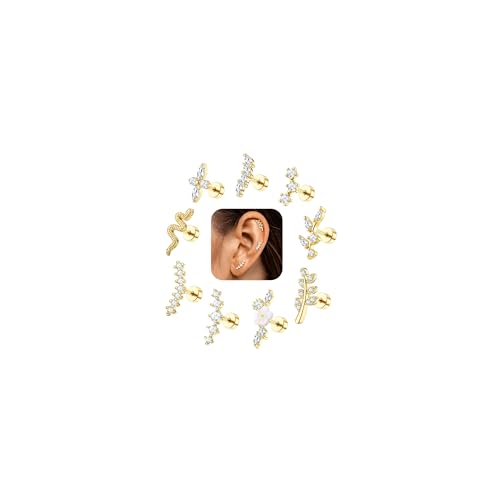 Helix Piercings Chirurgenstahl Piercing Ohr Gold - 9Pcs 16G Tragus Conch Helix Piercing Chirurgenstahl Ohrringe Gold Stecker Ohrpiercing Silber CZ Blume Flat Tragus Conch Piercings Set Helix Piercings Chirurgenstahl Piercing Ohr Gold - 9Pcs 16G Tragus Conch Helix Piercing Chirurgenstahl Ohrringe Gold Stecker Ohrpiercing Silber CZ Blume Flat Tragus Conch Piercings Set von Morfetto