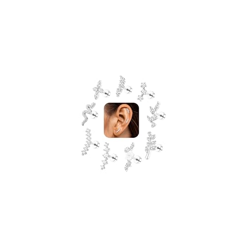 Helix Piercings Chirurgenstahl Piercing Ohr Gold - 9Pcs 18G Tragus Conch Helix Piercing Chirurgenstahl Ohrringe Gold Stecker Ohrpiercing Silber CZ Blume Flat Tragus Conch Piercings Set Silber von Morfetto