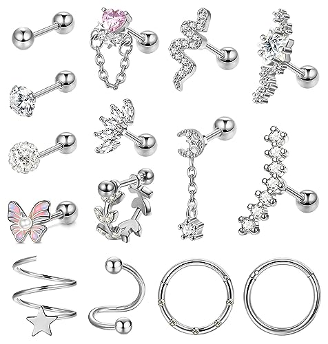 Morfetto 15 Stück Knorpelohrring Edelstahl Knorpelohrring Ohrstecker für Frauen Männer Hypollergen CZ Tragus Helix Piercing Schmuck 16G Silber von Morfetto