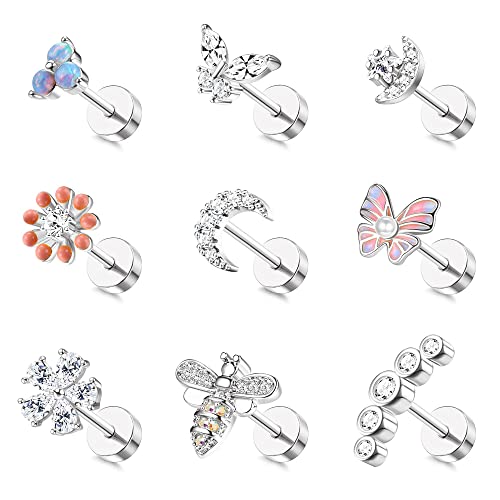 Morfetto 9 STÜCK Knorpelohrstecker für Frauen Chirurgenstahl Flache Rückseite Ohrringe Opal Schmetterlingsblume CZ Knorpelohrringe Tragus Helix Piercing Schmuck Silber von Morfetto