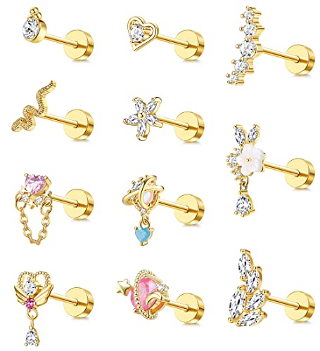 Morfetto 11 STÜCKE Knorpel Ohrringe für Frauen Männer Edelstahl Screwback Flache Rückseite Ohrringe Herz Baumeln Knorpel Ohrringbolzen CZ Knorpel Helix Piercing Schmuck Gold von Morfetto