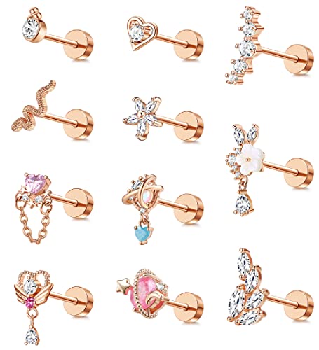 Morfetto 11 STÜCKE Knorpel Ohrringe für Frauen Männer Edelstahl Screwback Flache Rückseite Ohrringe Herz Baumeln Knorpel Ohrringbolzen CZ Knorpel Helix Piercing Schmuck Rose Gold von Morfetto