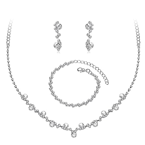 Morfetto Silber Brautschmuck Set Strass Halskette Armband Baumeln Ohrringe für Braut Brautjungfer CZ Anhänger Kristall Hochzeit Abschlussball Schmuck Zubehör für Frauen A von Morfetto