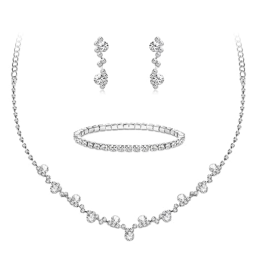 Morfetto Silber Brautschmuck Set Strass Halskette Armband Baumeln Ohrringe für Braut Brautjungfer CZ Anhänger Kristall Hochzeit Prom Schmuck Zubehör für Frauen B von Morfetto