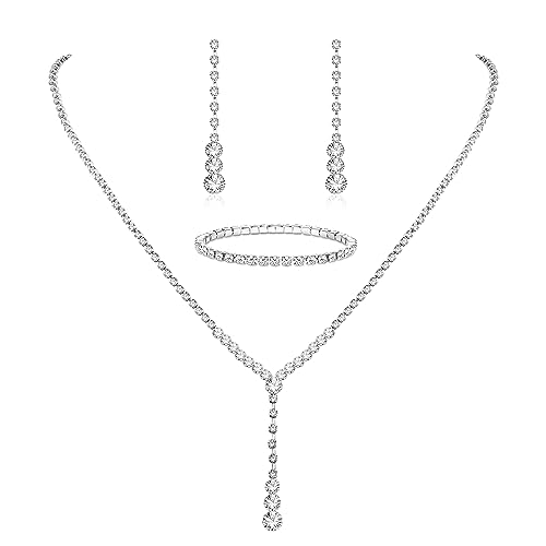 Morfetto Silber Brautschmuck Set Strass Halskette Armband Baumeln Ohrringe für Braut Brautjungfer CZ Anhänger Kristall Hochzeit Prom Schmuck Zubehör für Frauen C von Morfetto