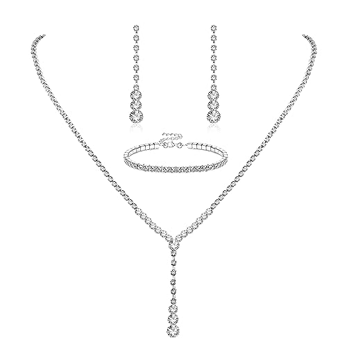 Morfetto Silber Brautschmuck Set Strass Halskette Armband Baumeln Ohrringe für Braut Brautjungfer CZ Anhänger Kristall Hochzeit Prom Schmuck Zubehör für Frauen D von Morfetto