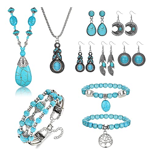 Morfetto Böhmische Türkis Schmuck Set Frauen Western Türkis Anhänger Halskette Schichted Wrap Armreif Armband Türkis Vintage Türkis Türkis baumeln Ohrringe Boho Schmuck Set für Frauen von Morfetto