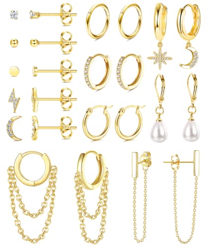 Morfetto Ohrring-Set für mehrere Piercing-Kettenohrringe Gold-Ohrring-Set Ohrstecker Creolen-Set Mond- und Stern-Perlen-Ohrringe Golden von Morfetto