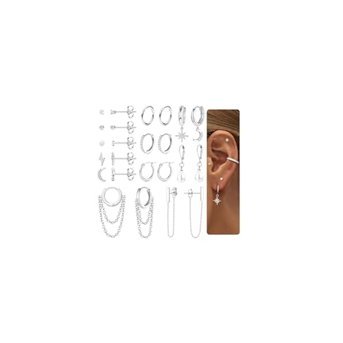 Morfetto Ohrring-Set für mehrere Piercing-Kettenohrringe Gold-Ohrring-Set Ohrstecker Creolen-Set Mond- und Stern-Perlen-Ohrringe Silber von Morfetto
