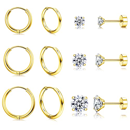 Morfetto Ohrringe Sets für mehrere Piercings Leichte 14 Karat vergoldete kleine Huggie Creolen Flache Rückseite Winzige Kugel CZ Ohrstecker Knorpelreifen Muschel Helix Piercing Gold von Morfetto