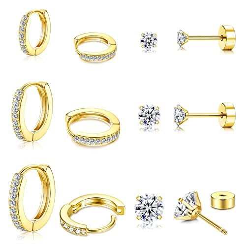 Morfetto Ohrringe Sets für mehrere Piercings Leichte 14 Karat vergoldete kleine Huggie Creolen Winzige Creolen Flache Rückseite Kugel CZ Ohrstecker Knorpelreifen Muschel Helix Piercing Gold von Morfetto