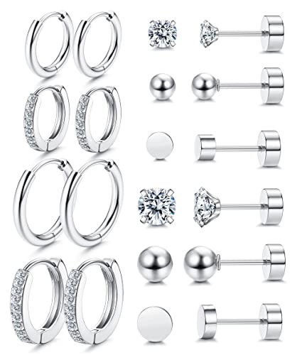 Morfetto Winzige Knorpelohrstecker für Damen Herren Edelstahl Zirkonia Flatback Ohrringe Kleine Creolen Creolen Huggie Ohrringsets für mehrere Piercings 10 Paar Silber von Morfetto