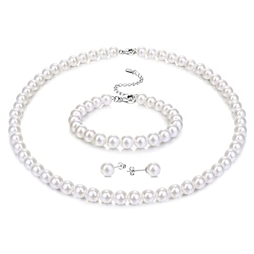 Morfetto Sterling Silber Perlenkette für Frauen Männer Weiße Runde Simulierte Muschel Perle Halskette Armband Ohrringe 6MM Choker Perle Halskette Set für Frauen Mädchen 16IN von Morfetto