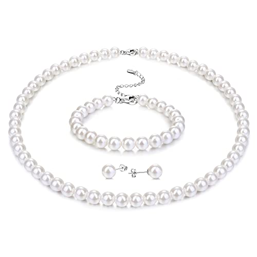 Morfetto Sterling Silber Perlenkette für Frauen Männer Weiße Runde Simulierte Muschel Perle Halskette Armband Ohrringe 6MM Choker Perle Halskette Set für Frauen Mädchen 18IN von Morfetto