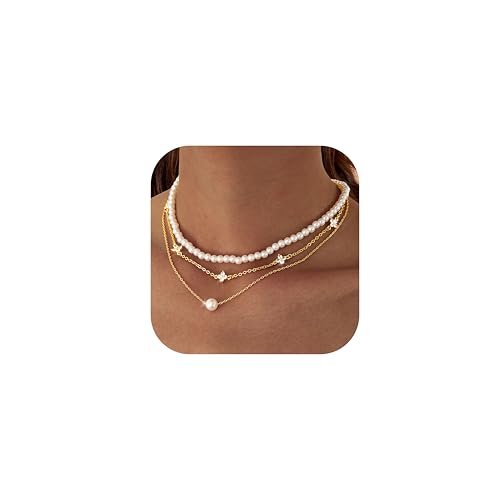 Morfetto Perlenkette Gold für Frauen 14K Gold/Silber Layered CZ Halsketten Set Golden CZ von Morfetto