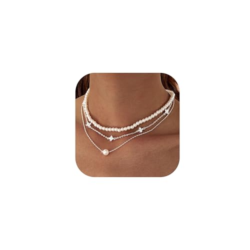 Morfetto Perlenkette Gold für Frauen 14K Gold/Silber Layered CZ Halsketten Set Silber CZ von Morfetto