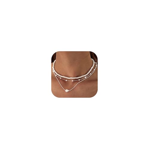 Morfetto Perlenkette Gold für Frauen 14K Gold/Silber Layered CZ Halsketten Set Silber Perle von Morfetto