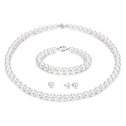 Morfetto Perlenkette Set für Frauen Männer Weiße Runde Simulierte Muschel Sterling Silber Perlenkette Armband Ohrringe 6MM Choker Perlenkette Set für Frauen Mädchen Mit Geschenkbox 16Inch von Morfetto