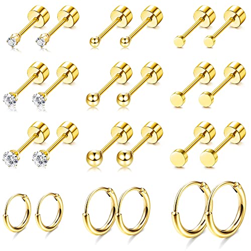 Morfetto 12 Paar Ohrringe Gold Set, Ohrstecker Chirurgenstahl 14K Vergoldet,Hypoallergene Helix Piercings Ohrstecker,Tragus Knorpel Medizinische Ohrpiercing Ohrringe für Damen Herren Golden von Morfetto