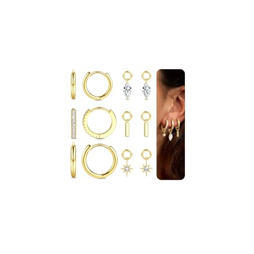 3 Paar Creolen Gold für Damen - Hypoallergene Kleine Ohrringe Silber 925 hängend - 14K Vergoldet Ohrringe Gold Creolen Set mit 3 Paar zierlichen Anhängern für Helix/Tragus/Conch Piercing Stern von Morfetto