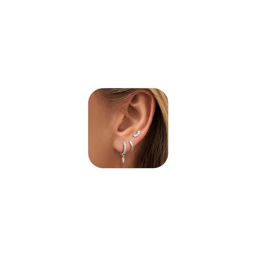 Morfetto Ohrringe Silber 925 Set für Mehrfach Piercing Zierliche Ohrringe für Damen 14 Karat vergoldet Hypoallergenes Creolen Tropfen Silber 925 Ohrstecker Knorpelohrring Set leafS von Morfetto