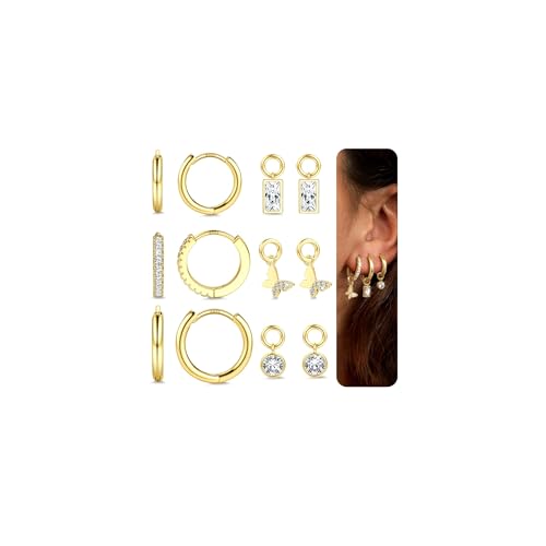 3 Paar Creolen Gold für Damen - Hypoallergene Kleine Ohrringe Silber 925 hängend - 14K Vergoldet Ohrringe Gold Creolen Set mit 3 Paar zierlichen Anhängern für Helix/Tragus/Conch Piercing Schmetterling von Morfetto