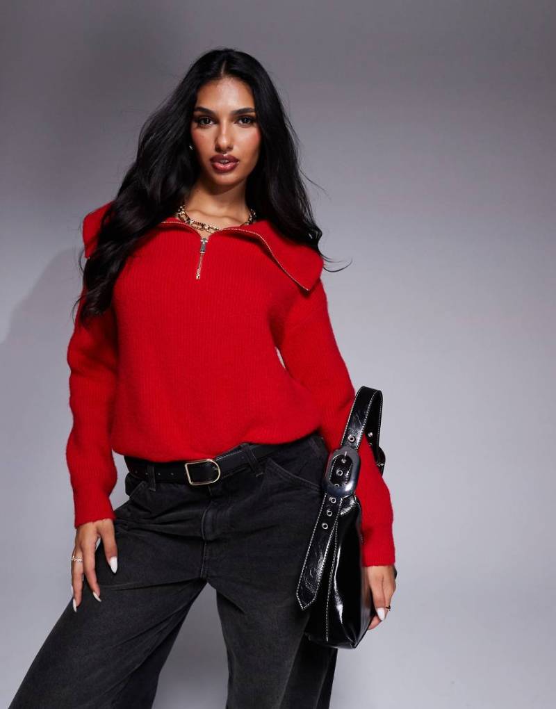 Morgan - Strickpullover in Rot mit kurzem Reißverschluss und Kragendetail von Morgan