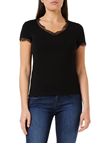 Morgan Women's Tshirt Manches Courtes col V Dentelle DMINOL T-Shirt, Schwarz (Noir Noir), Large (Herstellergröße: TL) von Morgan