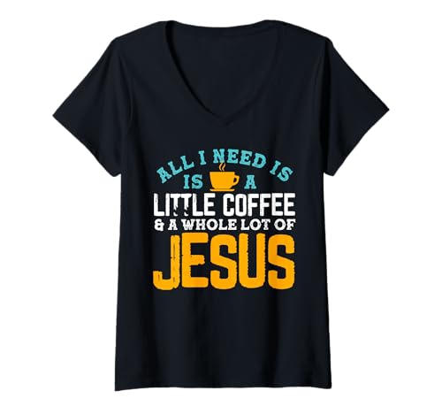 Damen Ich Brauche Kaffee und viel Glauben an Jesus T-Shirt mit V-Ausschnitt Damen Ich Brauche Kaffee und viel Glauben an Jesus T-Shirt mit V-Ausschnitt von Morgengebet Humor für gläubige Christen