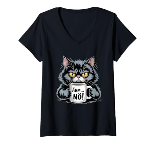 Damen Ähm Nöö.. Katze Morgenmuffel T-Shirt mit V-Ausschnitt von Morgenmuffel