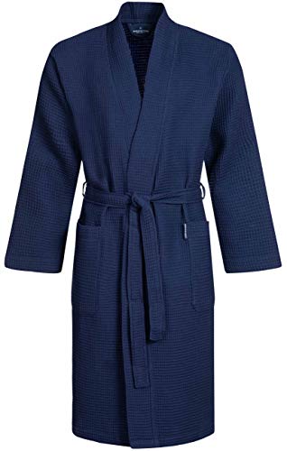 Morgenstern Waffelpique Bademantel Herren Morgenmantel Blau leicht Männer Saunabademantel Kimono Reisebademantel Marine Baumwolle dünn kurz Größe XXL von Morgenstern