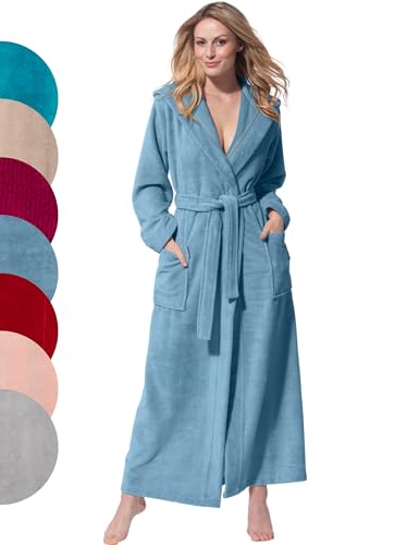 Morgenstern Bademantel Damen Extra Lang Kapuze Frottee Velours Luxus Morgenmantel Blau M von Morgenstern