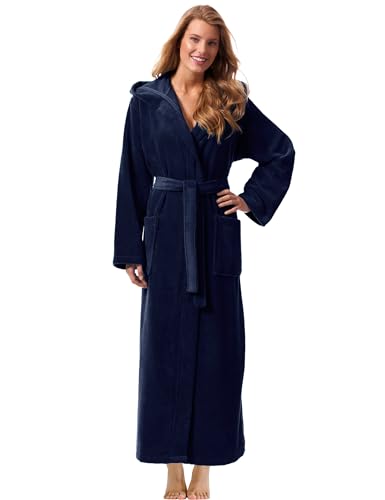 Morgenstern Bademantel Damen Extralang mit Kapuze Frottee Velours Luxus Morgenmantel Dunkelblau L von Morgenstern