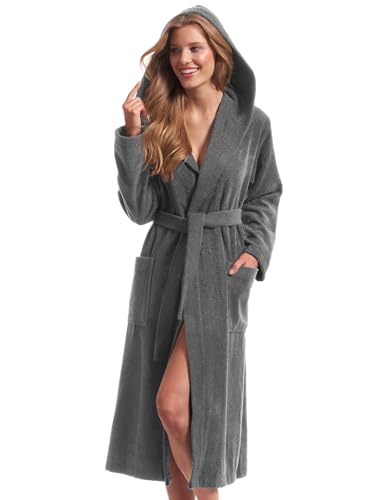 Morgenstern Bademantel Damen Frottee Baumwolle mit Kapuze lang Sauna Wellness OEKO-TEX Anthrazit Gr. L von Morgenstern