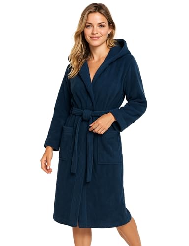Morgenstern Bademantel Damen mit Kapuze 100% Baumwolle Frottee OEKO-TEX® Morgenmantel Marina Marineblau Gr. L von Morgenstern
