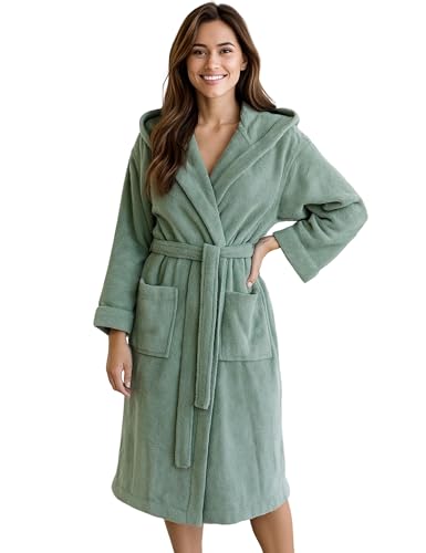 Morgenstern Bademantel Damen mit Kapuze 100% Baumwolle Frottee OEKO-TEX® Morgenmantel Marina Schilf-Grün Gr. S von Morgenstern