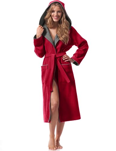 Morgenstern Bademantel Damen Kapuze Baumwolle Frottee Velours Leonie Lang Rot XL von Morgenstern