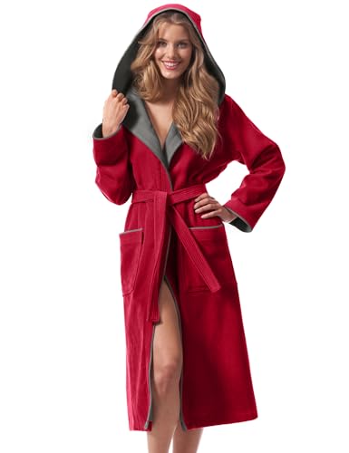 Morgenstern Bademantel Damen mit Kapuze 100% Baumwolle Frottee OEKO-TEX® Morgenmantel Leonie Rot Größe XL von Morgenstern